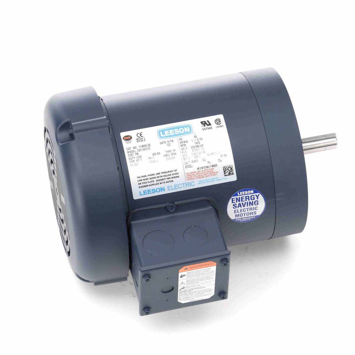 LEESON Special Voltage Motor, 1 HP, 3 Ph, 50 Hz, 220/380/440 V, 1500 RPM, 56C Frame, TEFC - 114896.00