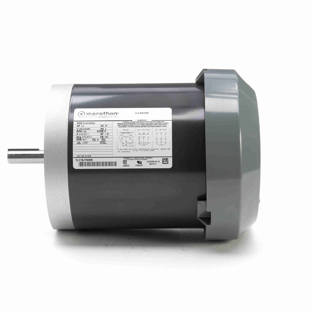 LEESON General Purpose Motor, 0.33 HP, 3 Ph, 60 Hz, 208-230/460 V, 1200 RPM, 56C Frame, TEFC - K1315