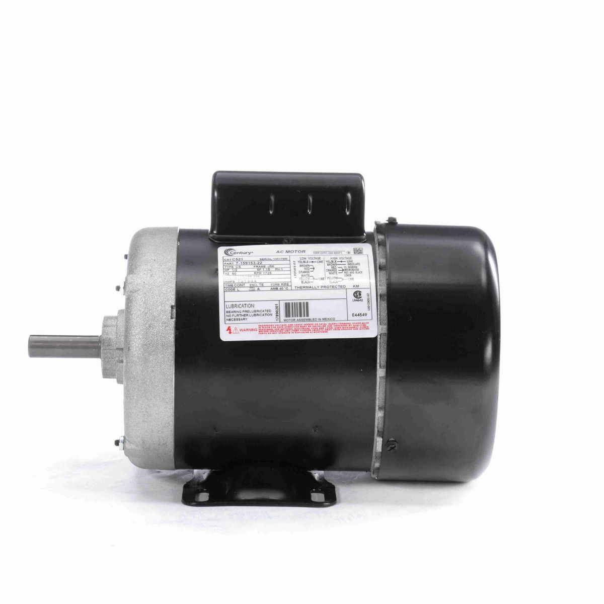 Century General Purpose Farm Duty Motor, 1/2 HP, 1 Ph, 60 Hz, 115/208-230 V, 1800 RPM, J56 Frame, TEFC - C521
