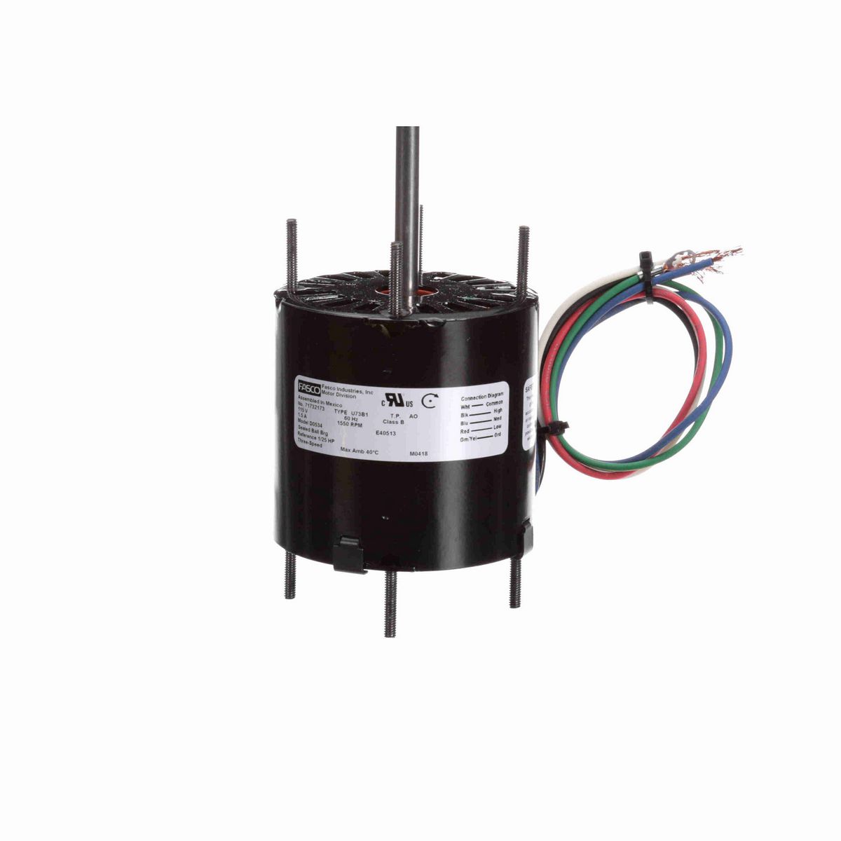 FASCO Ventilation Motor, 1/25 HP, 1 Ph, 60 Hz, 115 V, 1550 RPM, 3 Speed, 3.3" Diameter, OAO - D0534