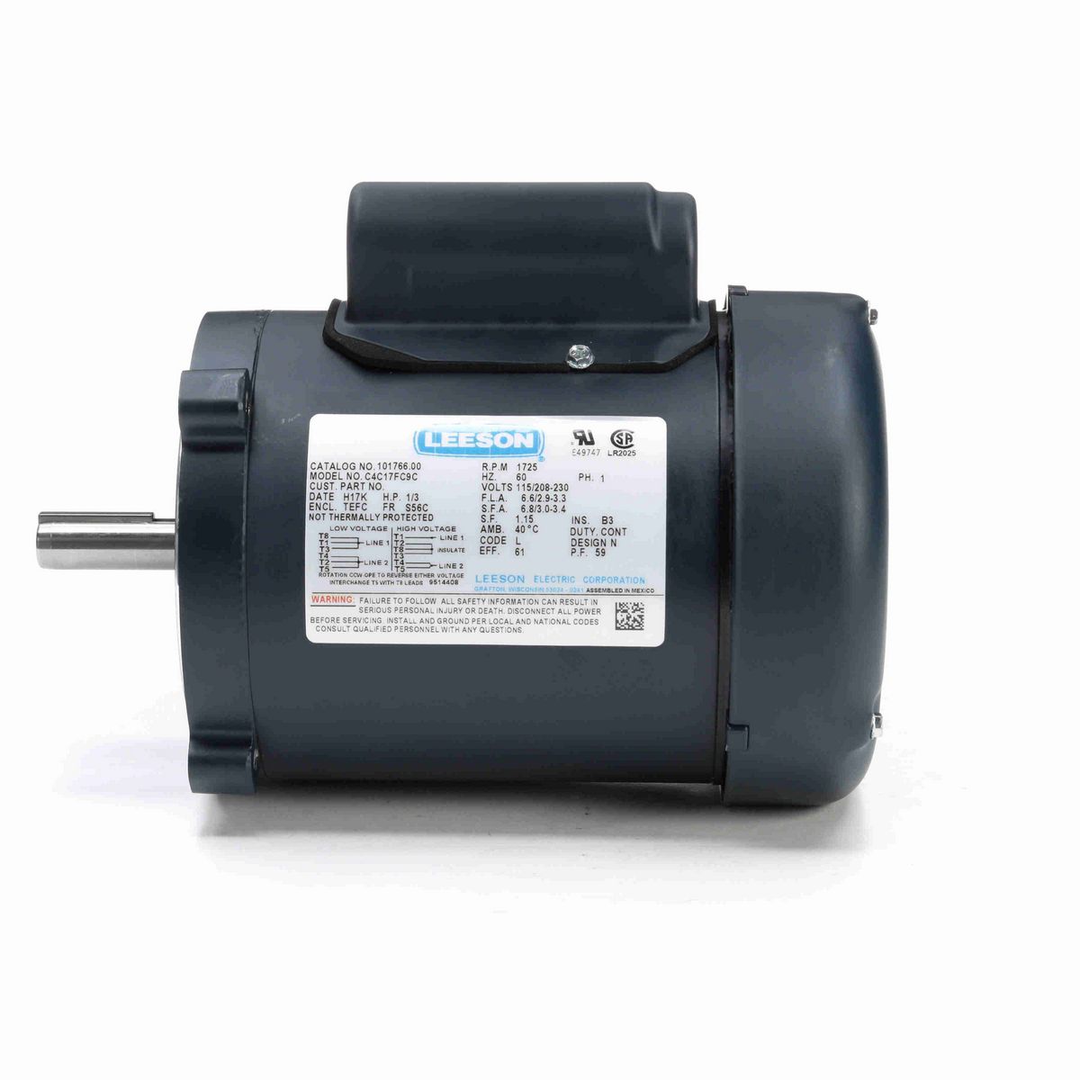 LEESON General Purpose Motor, 0.33 HP, 1 Ph, 60 Hz, 115/230 V, 1800 RPM, S56C Frame, TEFC - 101766.00