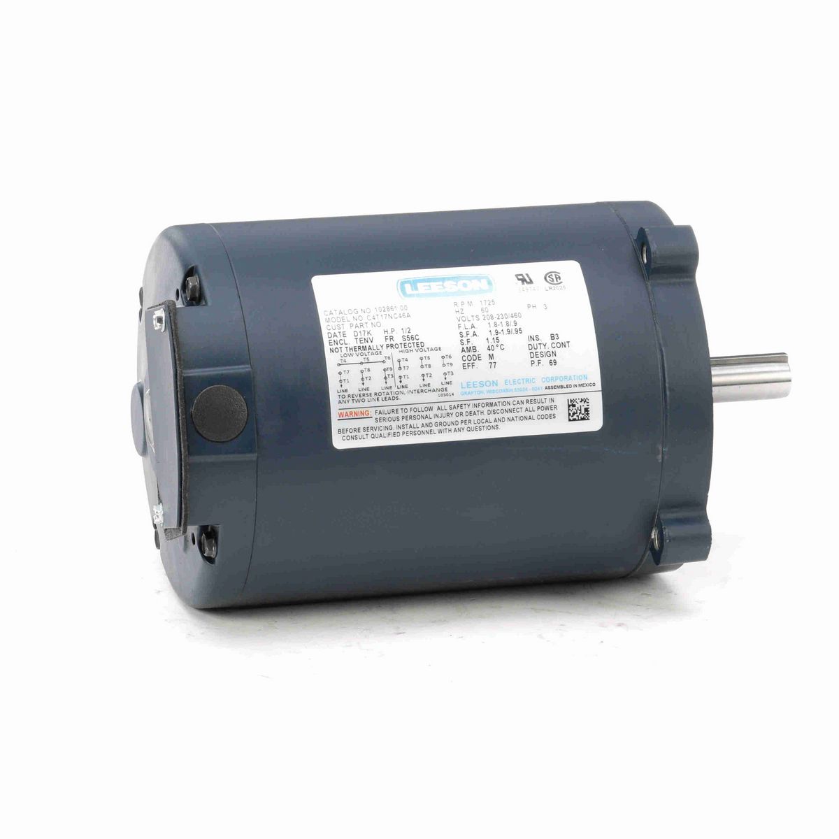 LEESON General Purpose Motor, 0.50 HP, 3 Ph, 60 Hz, 230/460 V, 1800 RPM, S56C Frame, TENV - 102861.00