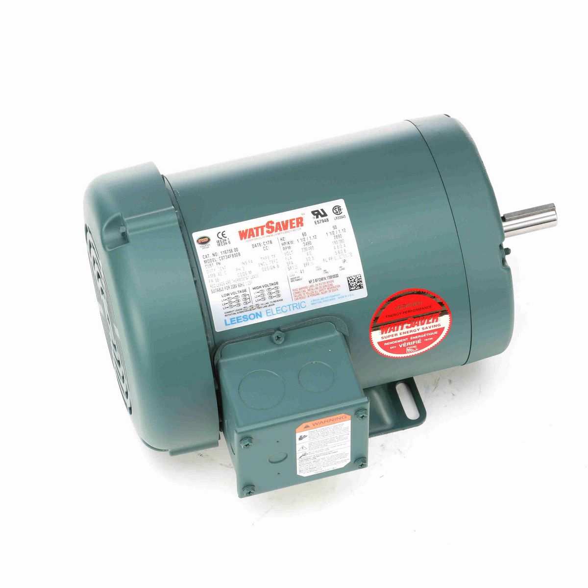 LEESON WATTSAVER® General Purpose Motor, 1.50 & 1.50 HP, 3 Ph, 60 & 50 Hz, 230/460 & 190/380 V, 3600 & 3000 RPM, 56 Frame, TEFC - 116758.00