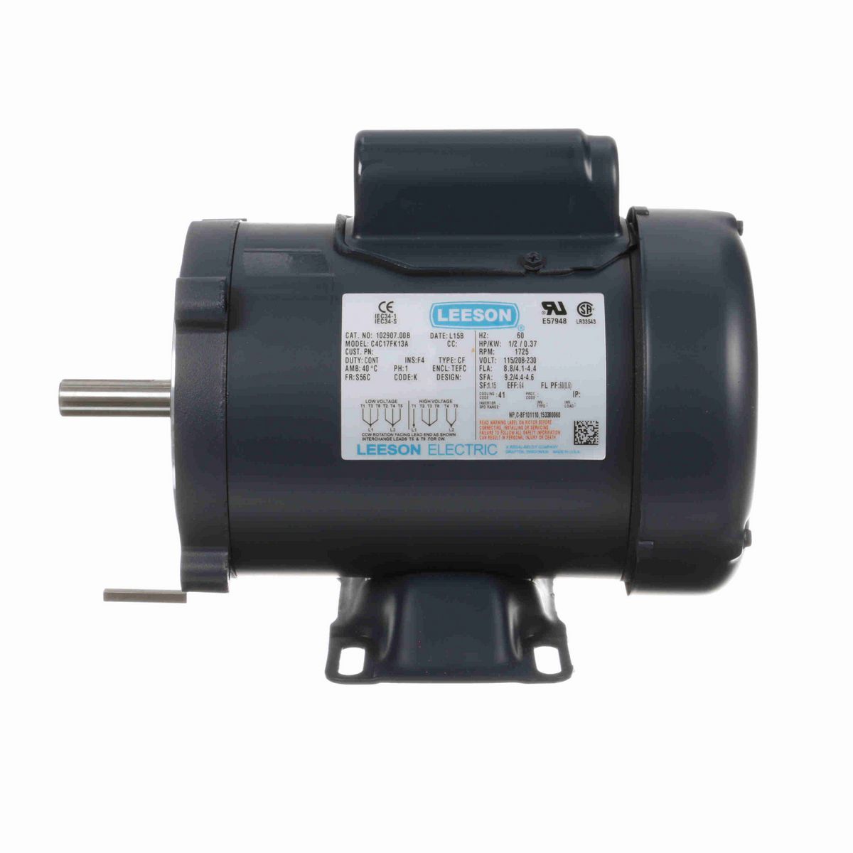 LEESON Replaced by 5KC42GN0066 (C375) once inventory depleted -.1/2HP..1725RPM.S56.TEFC.115/208-230V.1PH.60HZ.CONT.40C.1.15SF.RIGID.C4C17FK5B.....WP 56 to 48 Repl 110734.NOT....... - 102907.00B