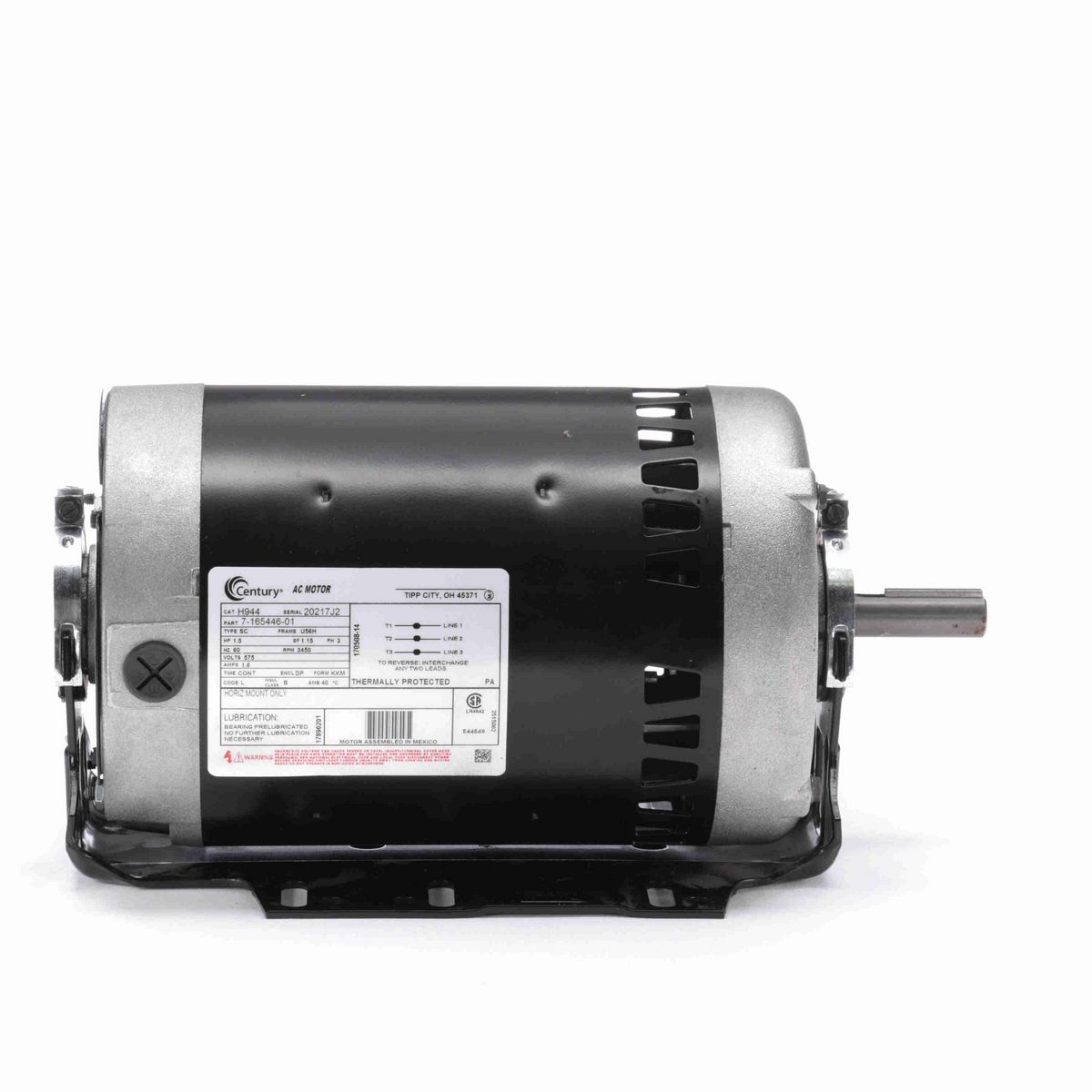 Century General Purpose Motor, 1.5 HP, 3 Ph, 60 Hz, 575 V, 3600 RPM, U56H Frame, DP - H944