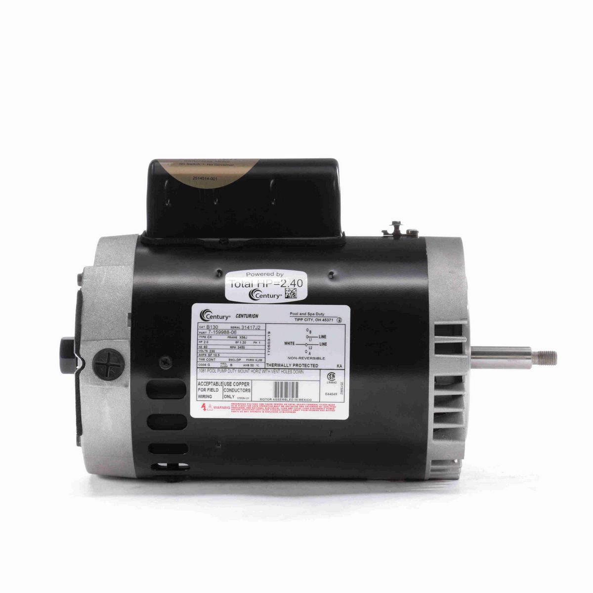 Century Pool Pump Motor, 2.0 HP, 1 Ph, 60 Hz, 230 V, 3600 RPM, X56J Frame, DP - B130