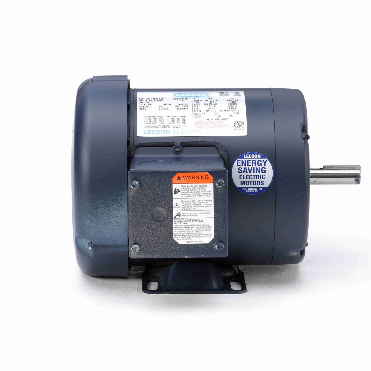 LEESON General Purpose Motor, 0.75 & 0.75 HP, 3 Ph, 60 & 50 Hz, 208-230/460 & 190/380 V, 1800 & 1500 RPM, 56 Frame, TEFC - 110034.00