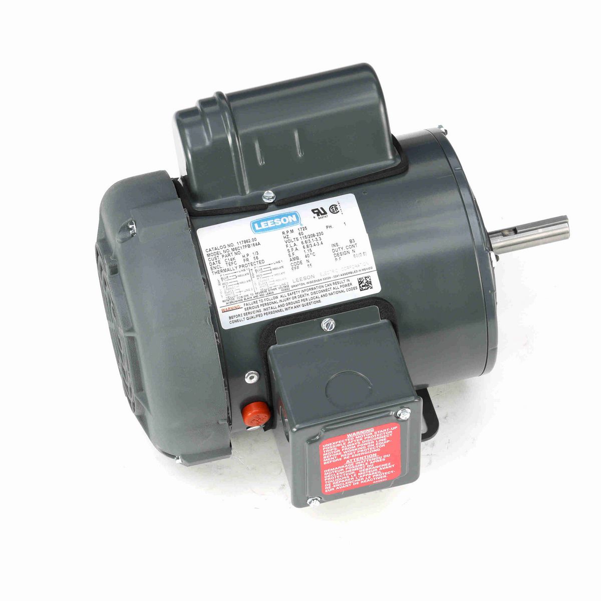 LEESON Agricultural Motor, 0.33 HP, 1 Ph, 60 Hz, 115/230 V, 1800 RPM, 56 Frame, TEFC - 117862.00