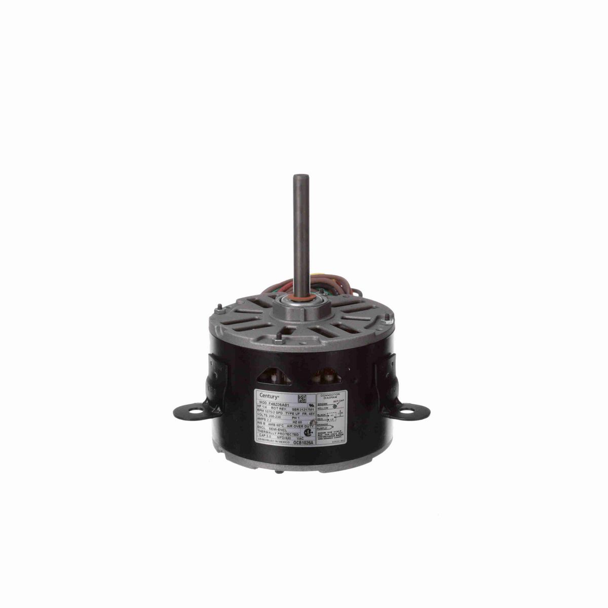 Century OEM Replacement Motor, 1/4 HP, 1 Ph, 60 Hz, 208-230 V, 1075 RPM, 2 Speed, 48 Frame, SEMI ENCL - OCB1026A
