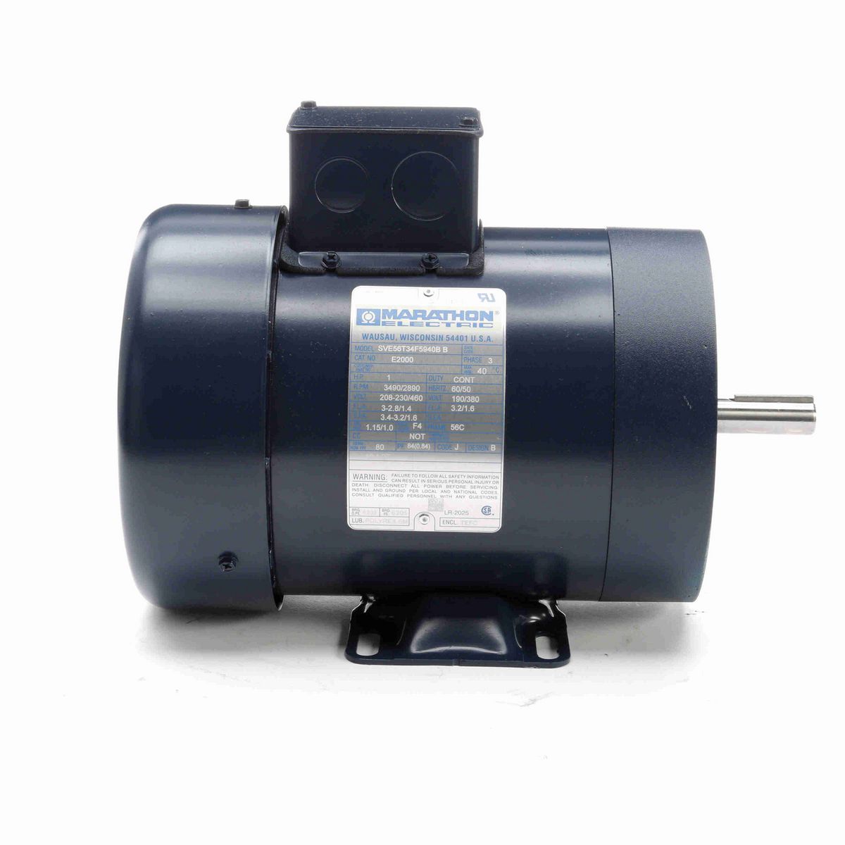 LEESON General Purpose Motor, 1 & 1 HP, 3 Ph, 60 & 50 Hz, 208-230/460 & 190/380 V, 3600 & 3000 RPM, 56C Frame, TEFC - E2000