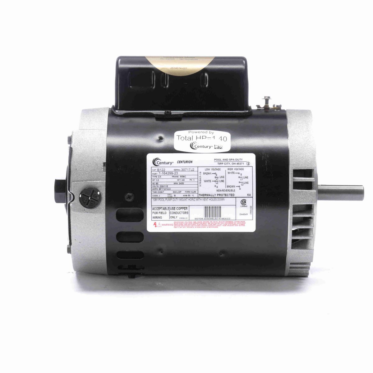 Century Pool Pump Motor, 1.0 HP, 1 Ph, 60 Hz, 230/115 V, 3600 RPM, M56C Frame, DP - B122