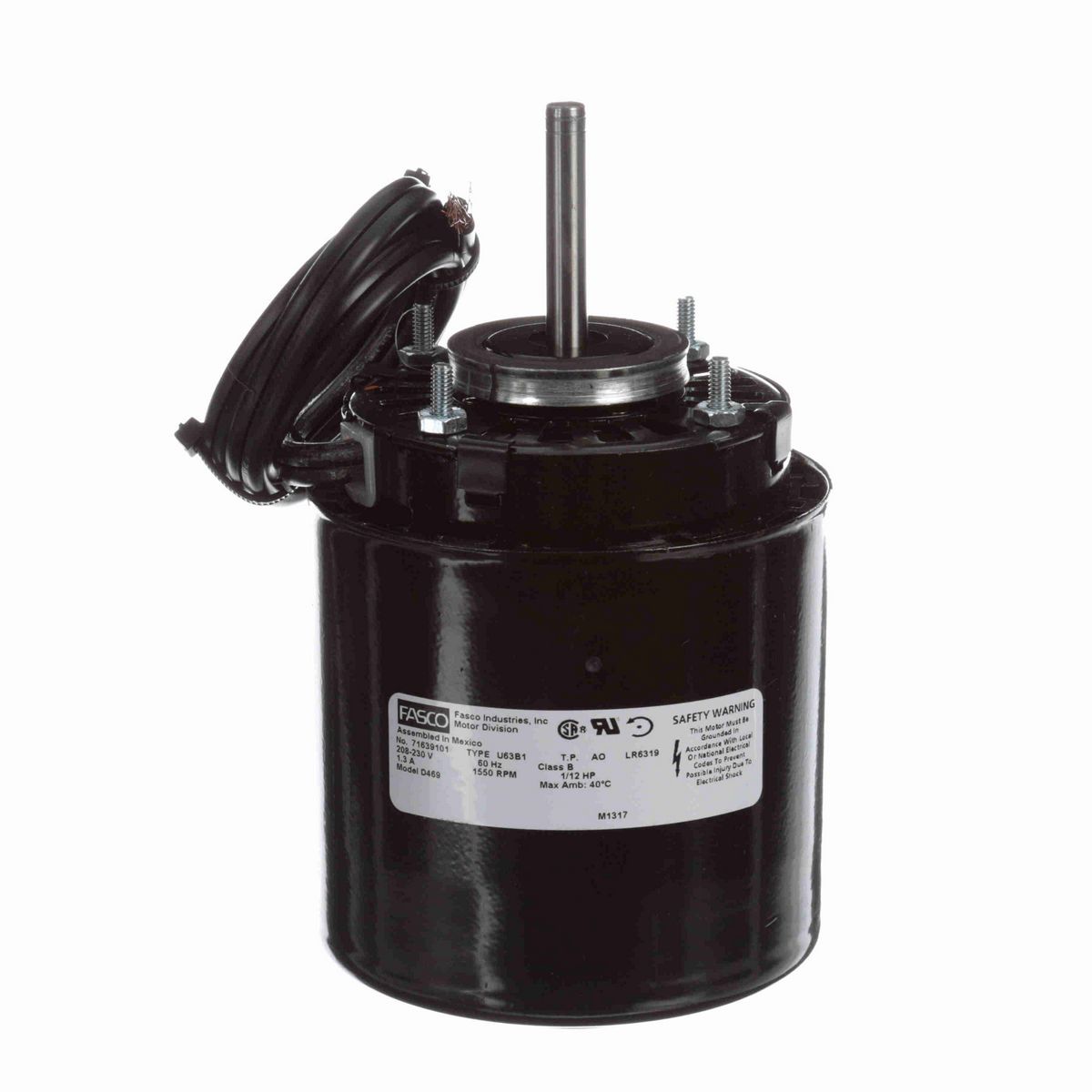 FASCO Refrigeration Motor, 1/12 HP, 1 Ph, 60 Hz, 208/230 V, 1550 RPM, 1 Speed, 3.3" Diameter, OAO - D469