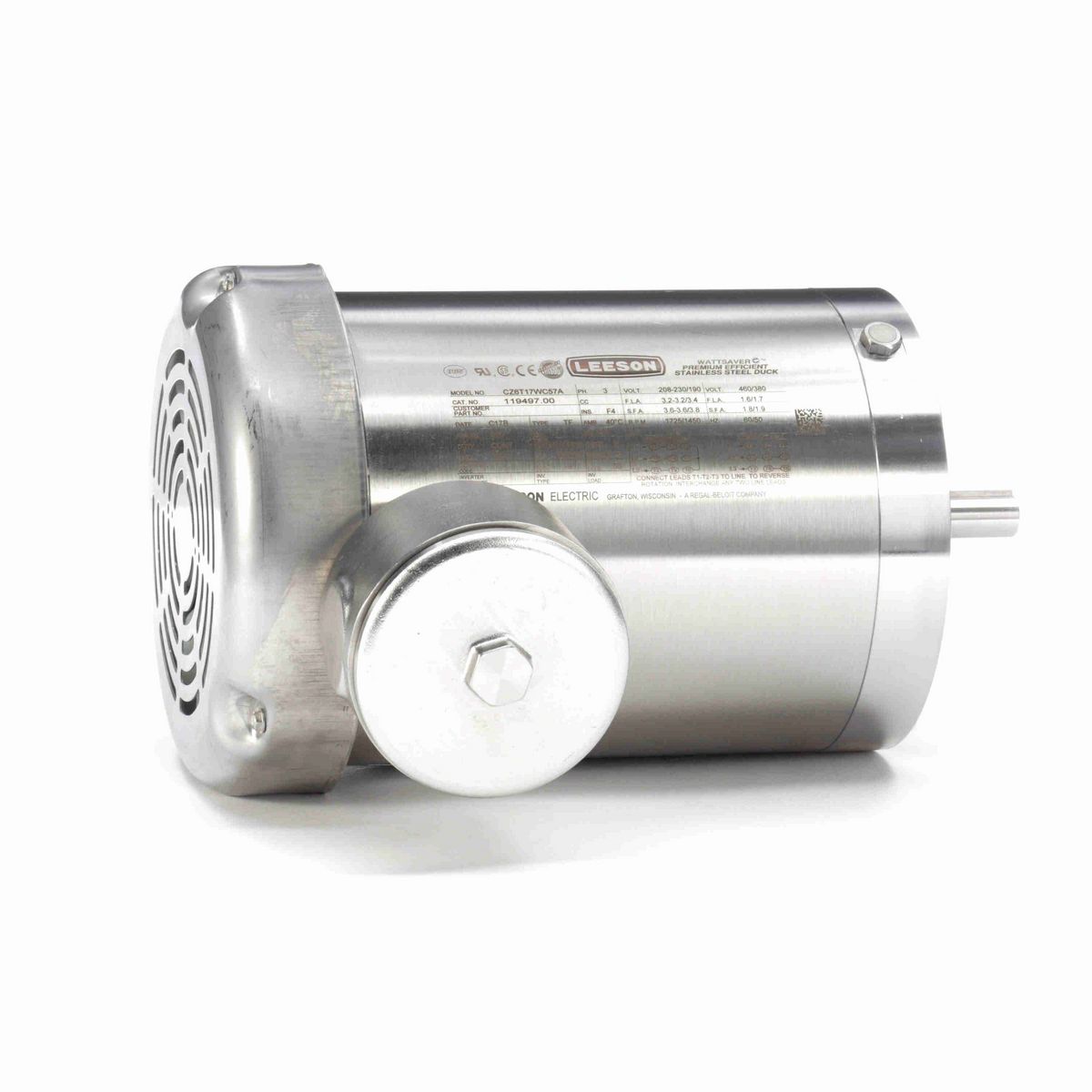 LEESON Premium Duck™ General Purpose Motor, 1 & 1 HP, 3 Ph, 60 & 50 Hz, 230/460 & 190/380 V, 1800 & 1500 RPM, 56C Frame, TEFC - 119497.00