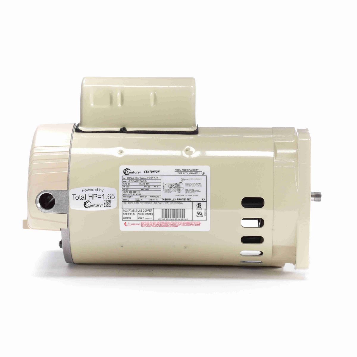 Century Pool Pump Motor, 1.65 HP, 1 Ph, 60 Hz, 208-230/115 V, 3600 RPM, 56Y Frame, DP - BPA450V1