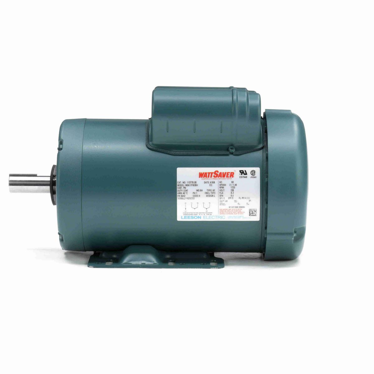 LEESON WATTSAVER® General Purpose Motor, 2 HP, 1 Ph, 60 Hz, 230 V, 1800 RPM, 56HZ Frame, TEFC - 113770.00