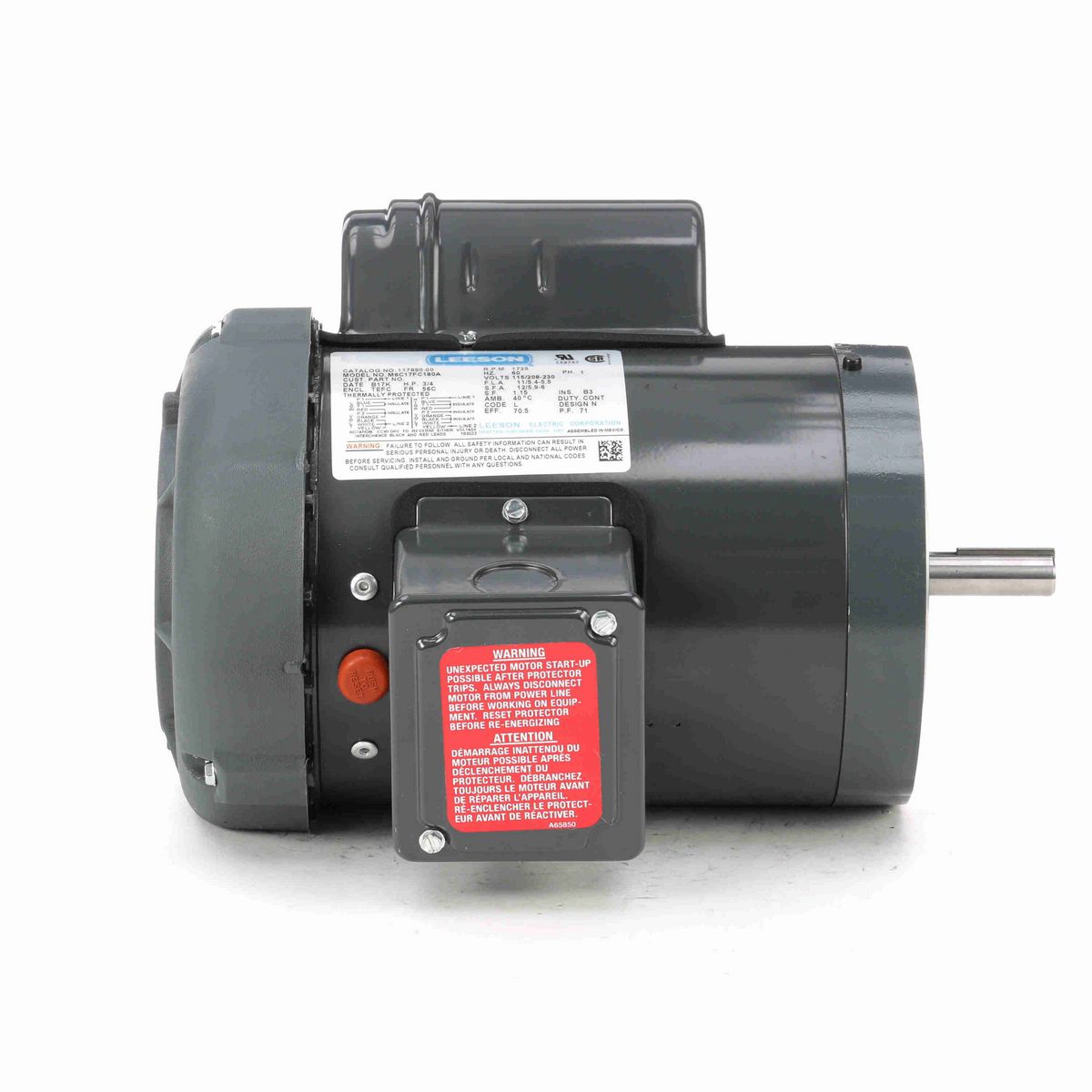 LEESON Agricultural Motor, 0.75 HP, 1 Ph, 60 Hz, 115/230 V, 1800 RPM, 56C Frame, TEFC - 117880.00