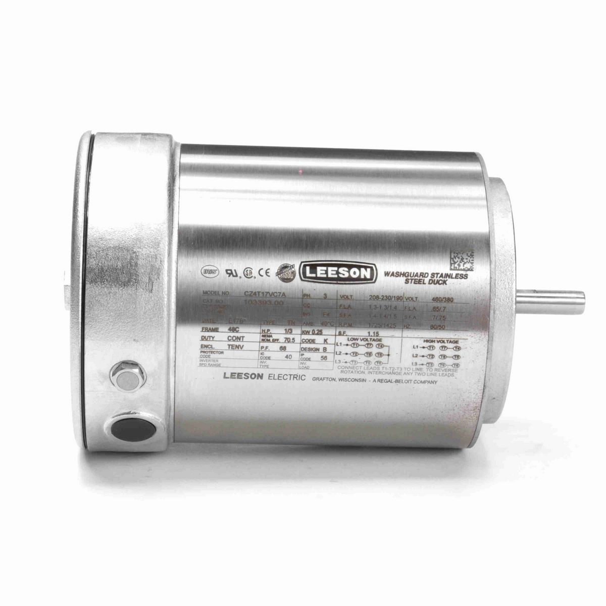LEESON Premium Duck™ General Purpose Motor, 0.33 & 0.33 HP, 3 Ph, 60 & 50 Hz, 230/460 & 190/380 V, 1800 & 1500 RPM, 48C Frame, TENV - 103393.00