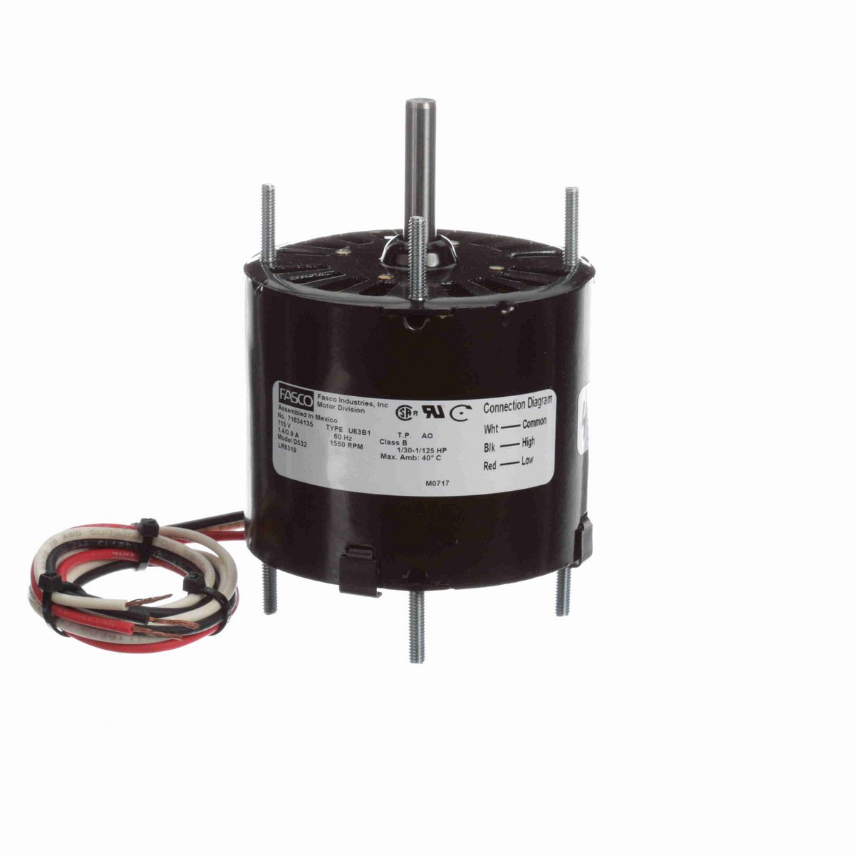 FASCO Fan and Blower Motor, 1/30-1/125 HP, 1 Ph, 60 Hz, 115 V, 1550 RPM, 2 Speed, 3.3" Diameter, OAO - D532
