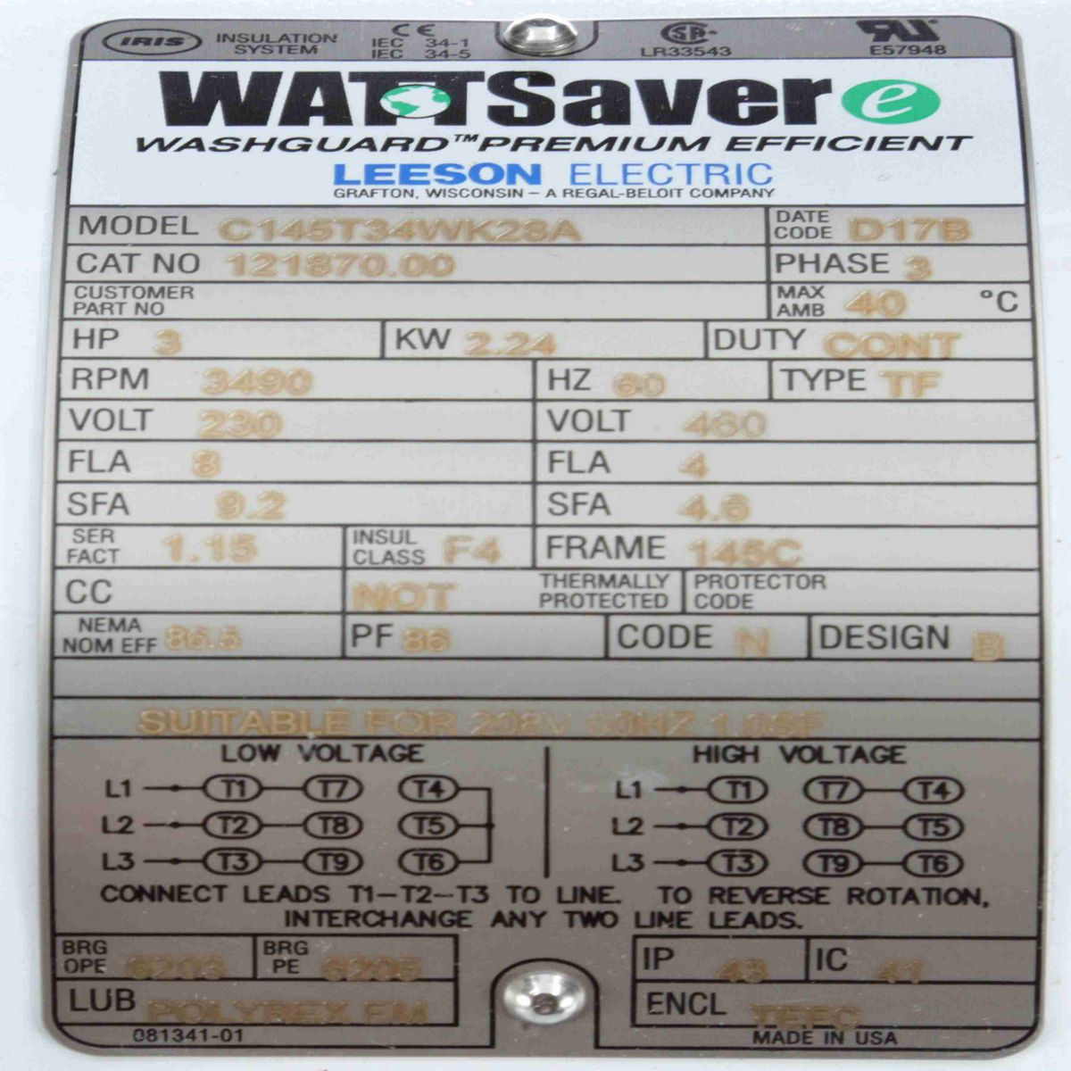 LEESON White Duck™ General Purpose Motor, 3 HP, 3 Ph, 60 Hz, 230/460 V, 3600 RPM, 145TC Frame, TEFC - 121870.00