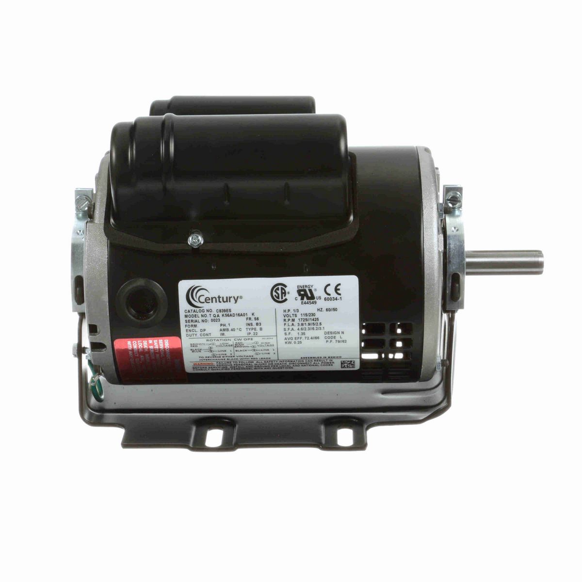 Century General Purpose Motor, 1/3 HP, 1 Ph, 60 Hz, 115/230 V, 1800 RPM, 56 Frame, ODP - C839ES