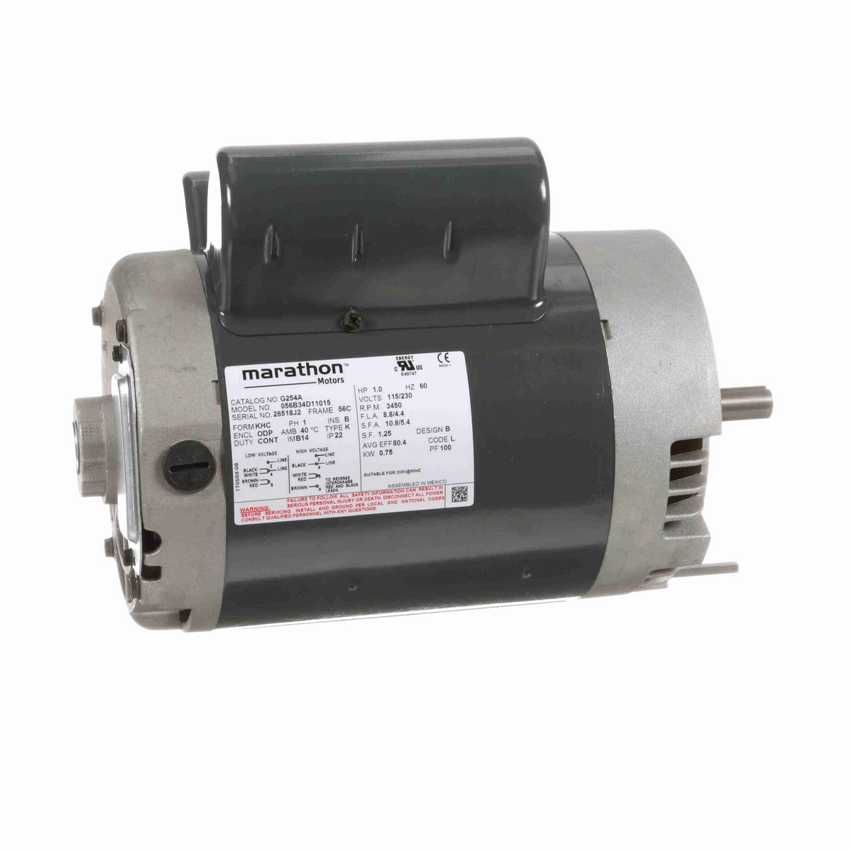 LEESON General Purpose Motor, 1 HP, 1 Ph, 60 Hz, 115/230 V, 3600 RPM, 56C Frame, DP - G254A