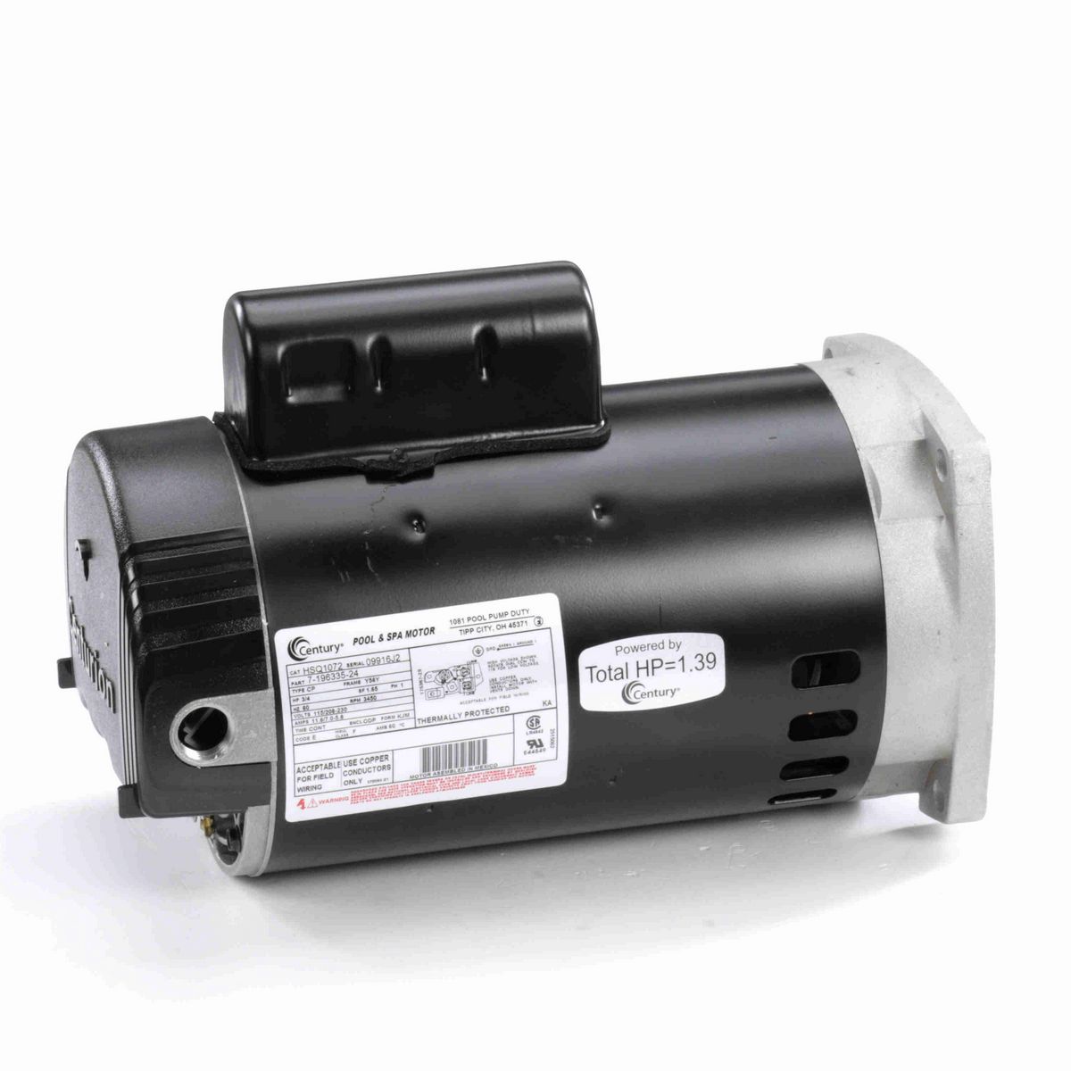 Century Pool Pump Motor, 3/4 HP, 1 Ph, 60 Hz, 208-230-115 V, 3600 RPM, Y56Y Frame, ODP - HSQ1072