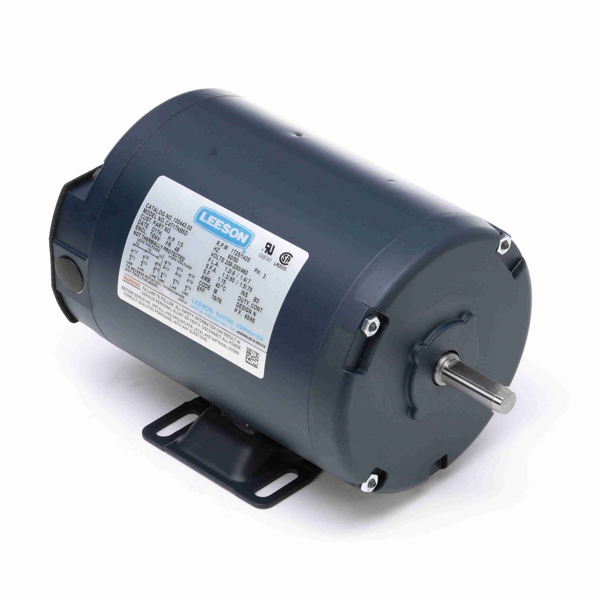 LEESON General Purpose Motor, 0.33 & 0.33 HP, 3 Ph, 60 & 50 Hz, 230/460 & 208-230/460 V, 1800 & 1500 RPM, 48 Frame, TENV - 100443.00