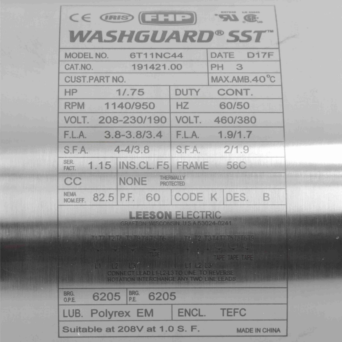 LEESON SST Duck™ General Purpose Motor, 1 & 0.75 HP, 3 Ph, 60 & 50 Hz, 230/460 & 190/380 V, 1200 & 1000 RPM, 56C Frame, TEFC - 191421.00