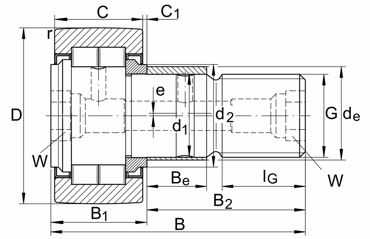 Опорный ролик с цилиндрическими роликами в качестве тел качения с цапфой INA NUKRE62