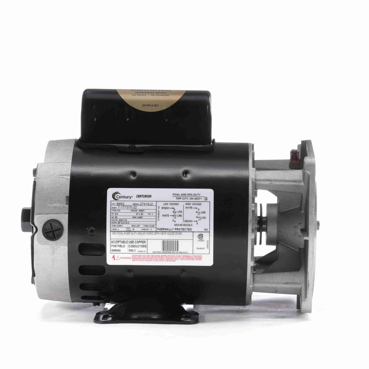Century Pool Pump Motor, 3/4 HP, 1 Ph, 60 Hz, 230/115 V, 3600 RPM, M56Y Frame, DP - B662