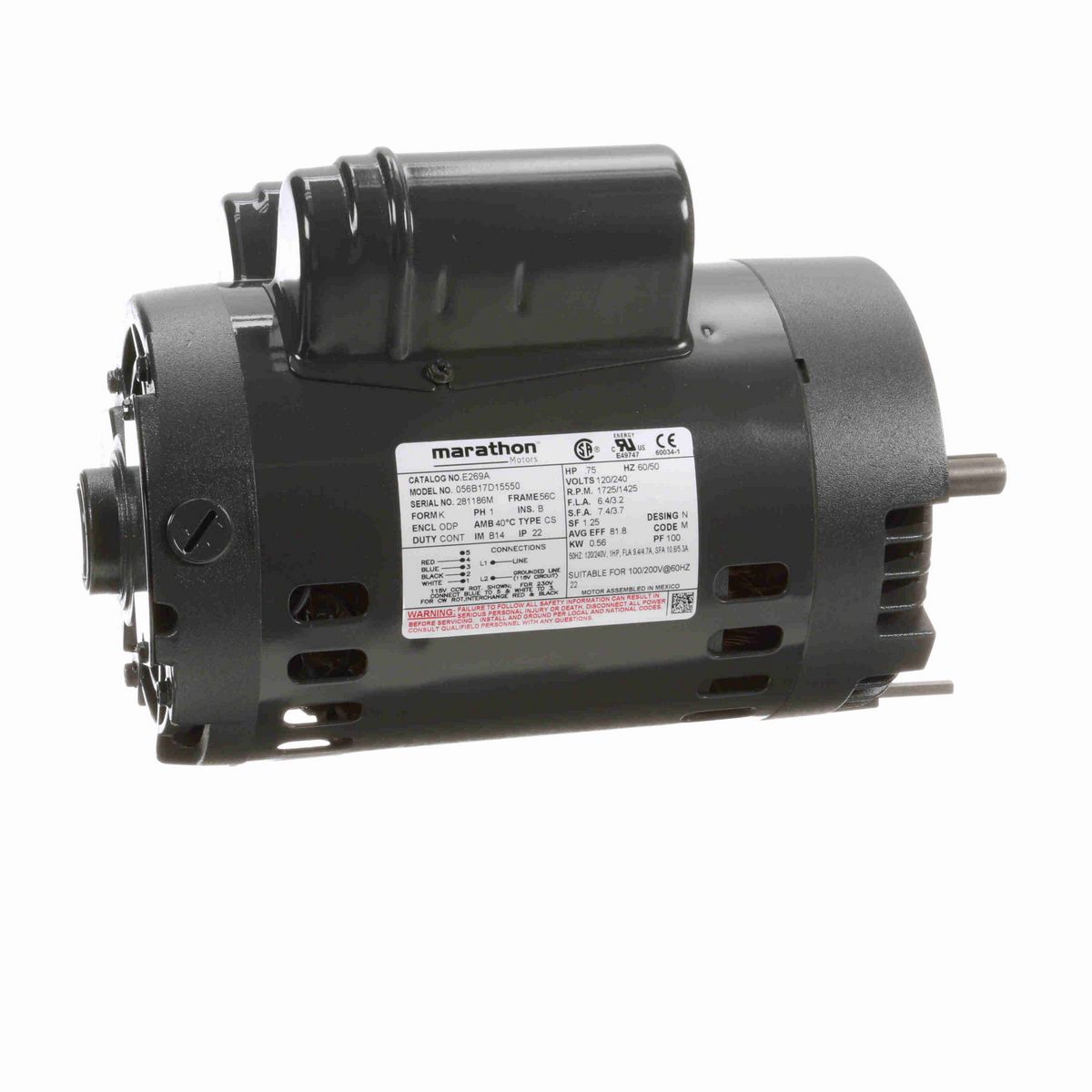 LEESON General Purpose Motor, 0.75 & 0.75 HP, 1 Ph, 60 & 50 Hz, 120/240 & 120/240 V, 1800 & 1500 RPM, 56C Frame, DP - E269A