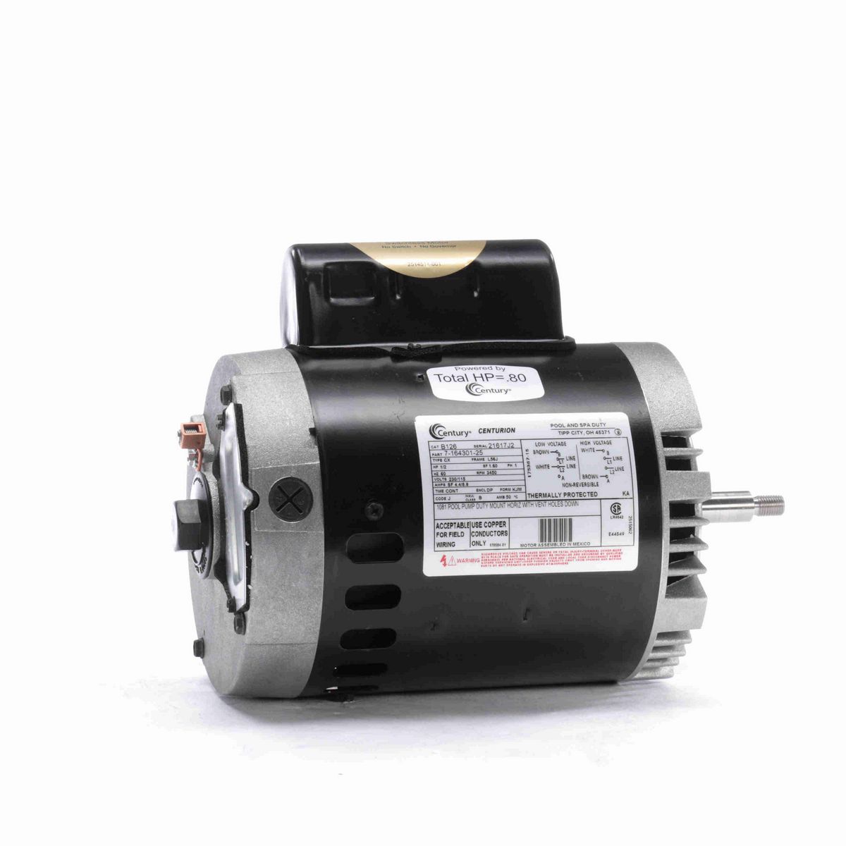 Century Pool Pump Motor, 1/2 HP, 1 Ph, 60 Hz, 230/115 V, 3600 RPM, L56J Frame, DP - B126