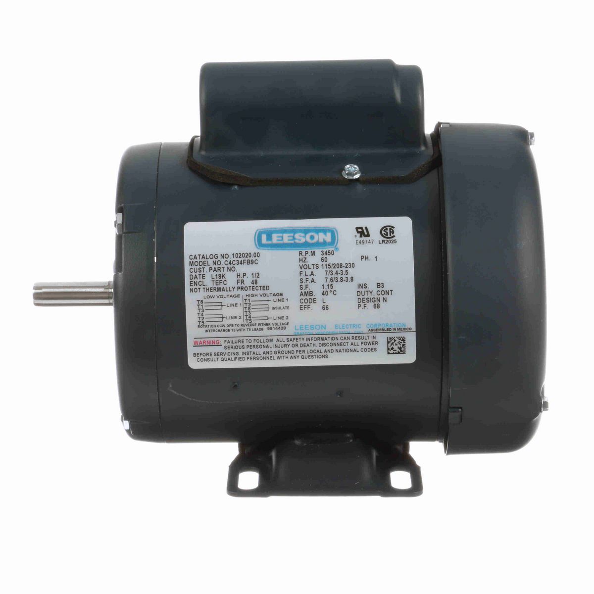 LEESON General Purpose Motor, 0.50 HP, 1 Ph, 60 Hz, 115/230 V, 3600 RPM, 48 Frame, TEFC - 102020.00