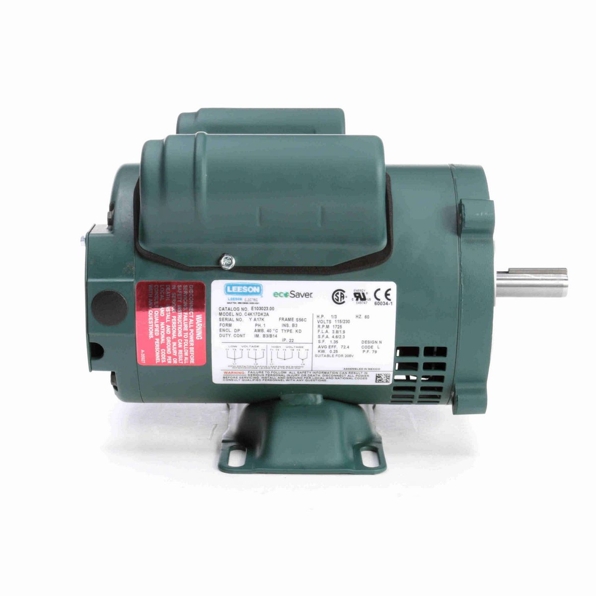 LEESON ecoSaver™ General Purpose Motor, 0.33 HP, 1 Ph, 60 Hz, 115/230 V, 1800 RPM, S56C Frame, DP - E103023.00