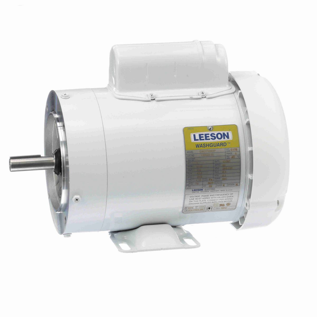 LEESON White Duck™ General Purpose Motor, 1 HP, 1 Ph, 60 Hz, 115/230 V, 1800 RPM, 56C Frame, TEFC - 112529.00