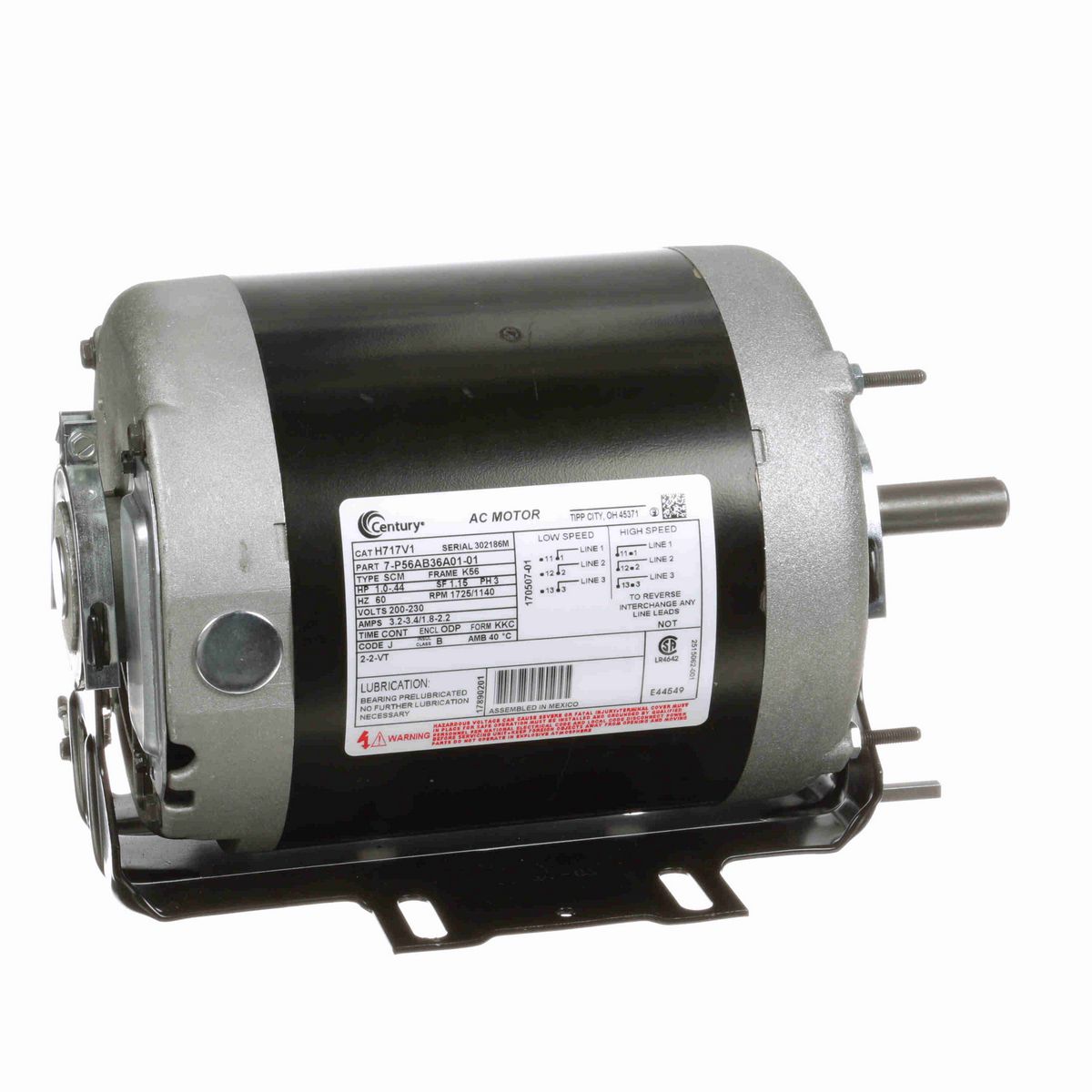 Century Fan and Blower Motor, 1.0-.44 HP, 3 Ph, 60 Hz, 200-230 V, 1800 RPM, K56 Frame, ODP - H717V1