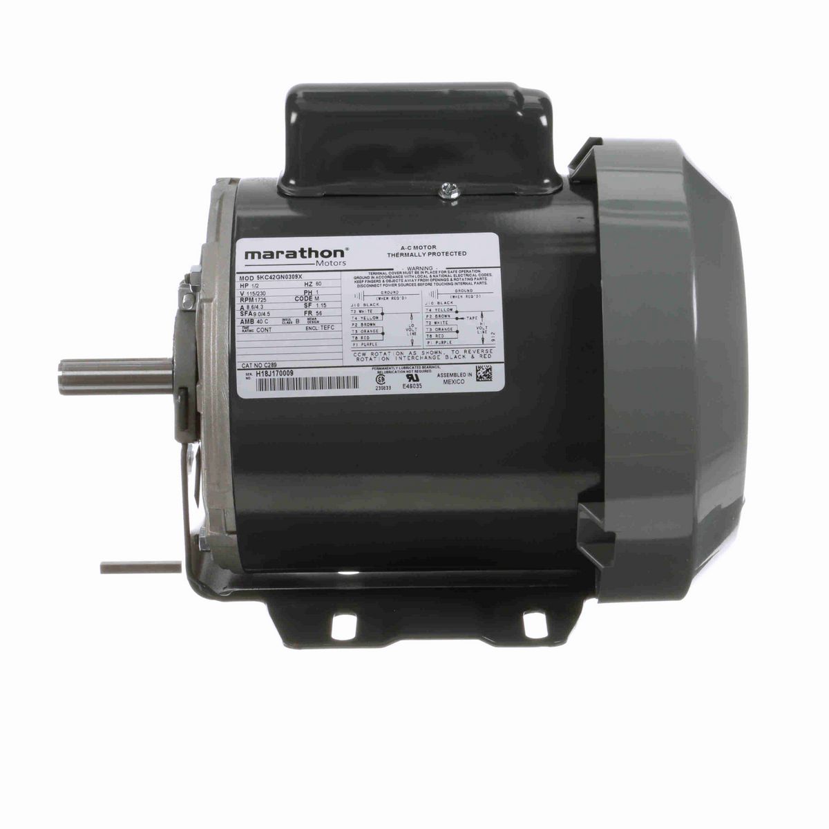LEESON General Purpose Motor, 0.50 HP, 1 Ph, 60 Hz, 115/230 V, 1800 RPM, 56 Frame, TEFC - C289