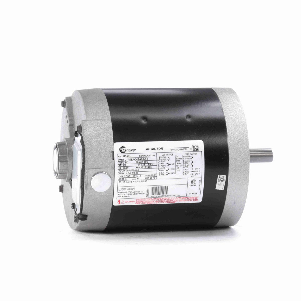 Century General Purpose Motor, 1/3 HP, 3 Ph, 60 Hz, 200-230/460 V, 1800 RPM, 56C Frame, TENV - H159L