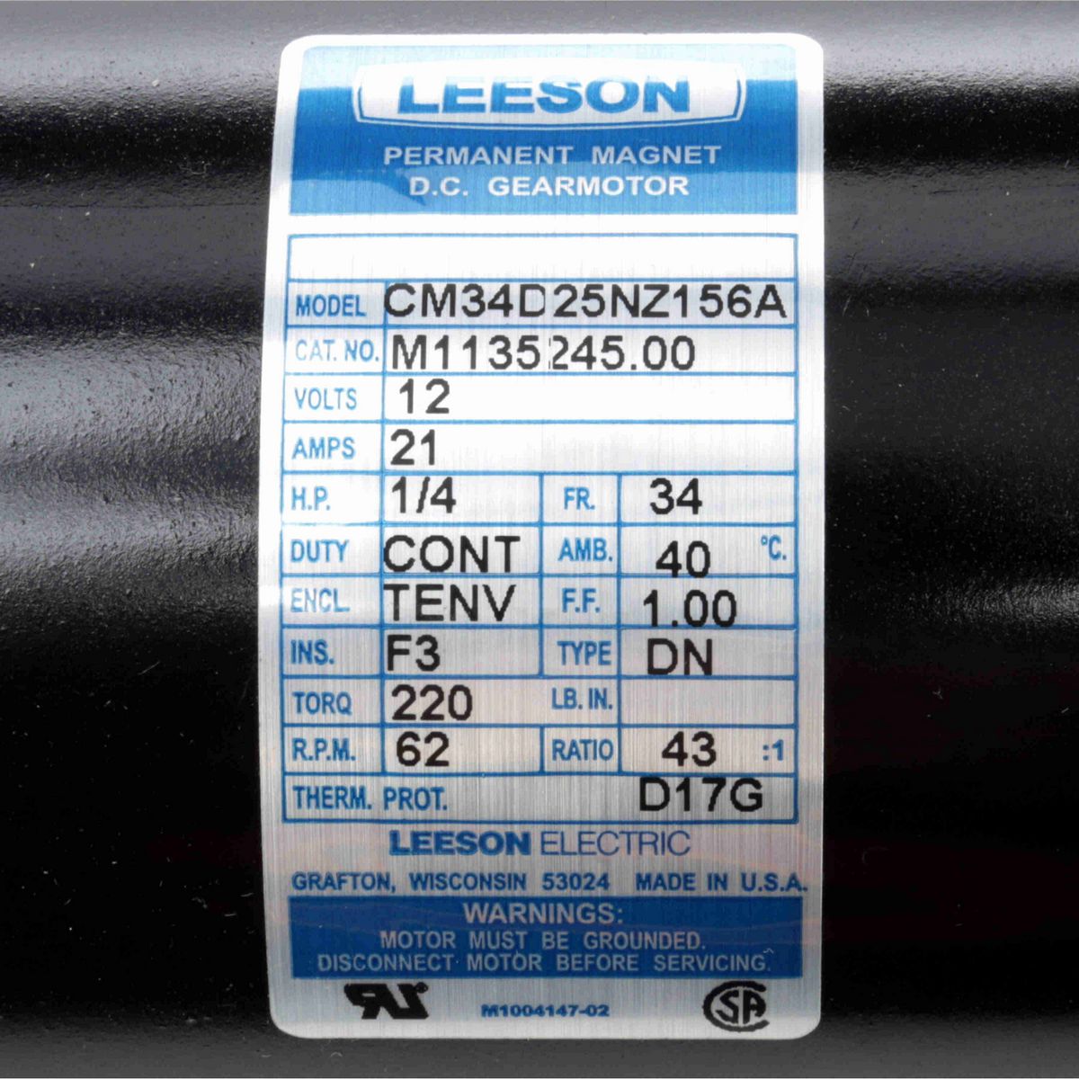 LEESON Parallel Shaft Gearmotor, 0.25 HP, 12 V, 62 RPM, 34 Frame, TENV - M1135245.00