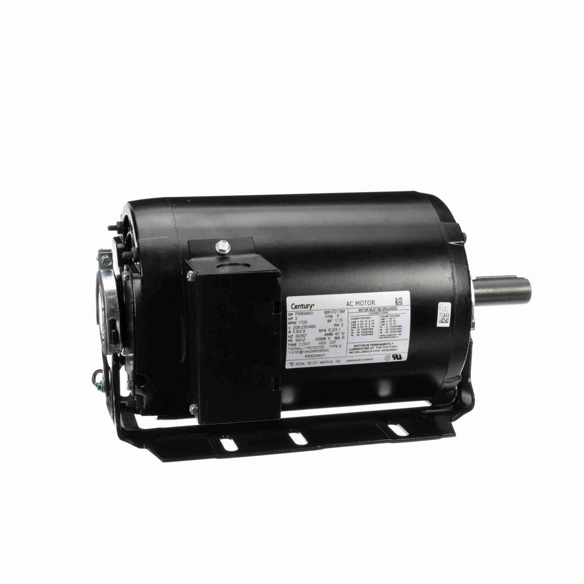 Century Fan and Blower Motor, 2 HP, 3 Ph, 60 Hz, 208-230/460 V, 1800 RPM, 56HZ Frame, ODP - RB3204AV1