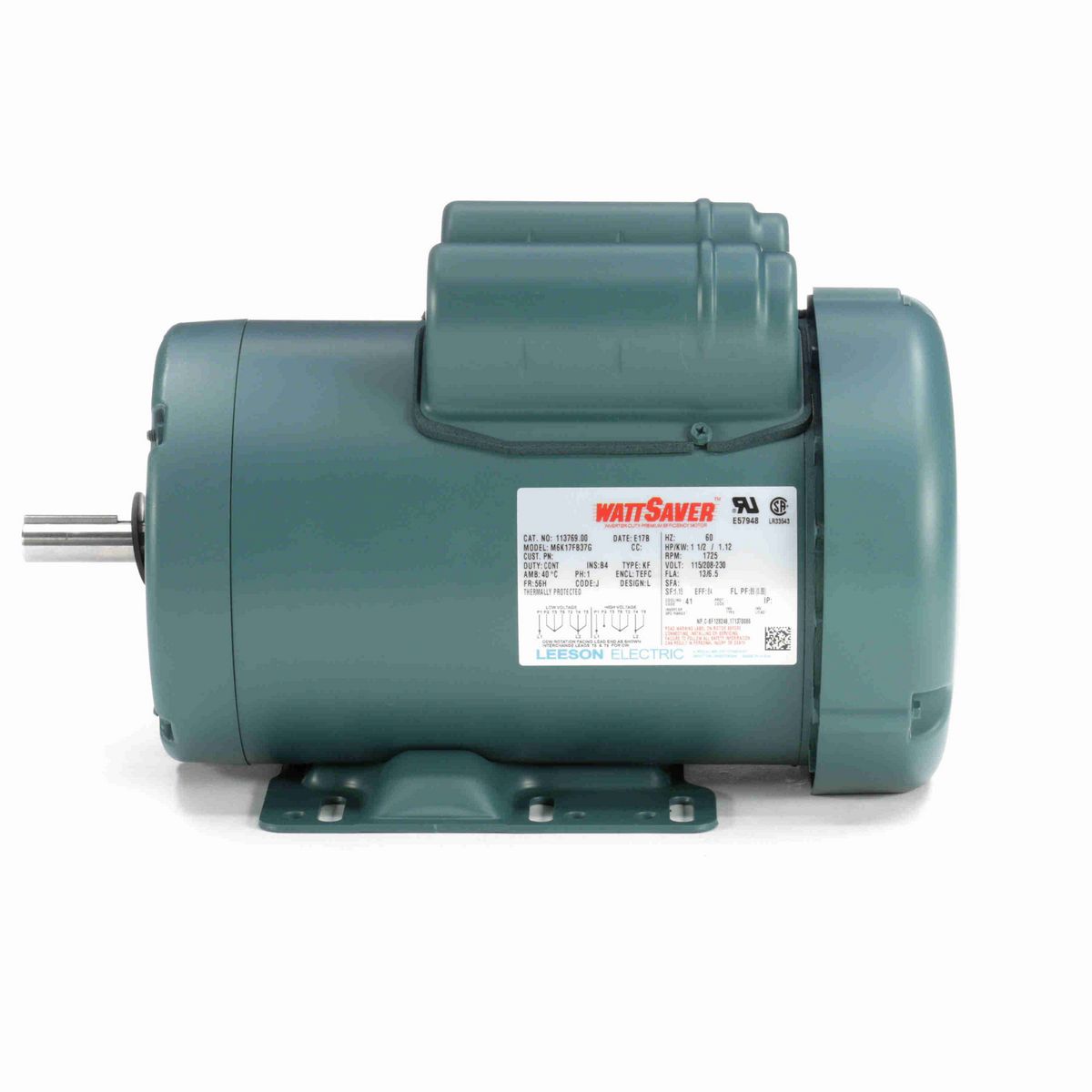LEESON WATTSAVER® General Purpose Motor, 1.50 HP, 1 Ph, 60 Hz, 115/230 V, 1800 RPM, 56H Frame, TEFC - 113769.00
