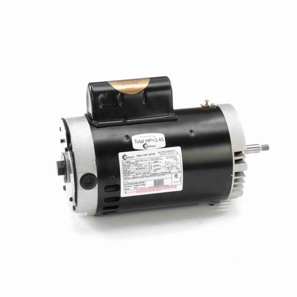 Century Pool Pump Motor, 3.0-.38 HP, 1 Ph, 60 Hz, 230 V, 3600 RPM, R56J Frame, DP - B966