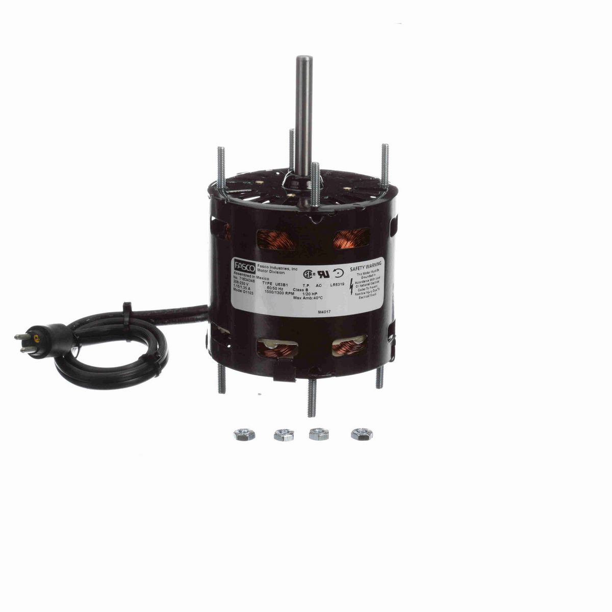 FASCO OEM Replacement Motor, 1/20 HP, 1 Ph, 60/50 Hz, 208-230 V, 1500/1300 RPM, 1 Speed, 3.3" Diameter, OAO - D1103