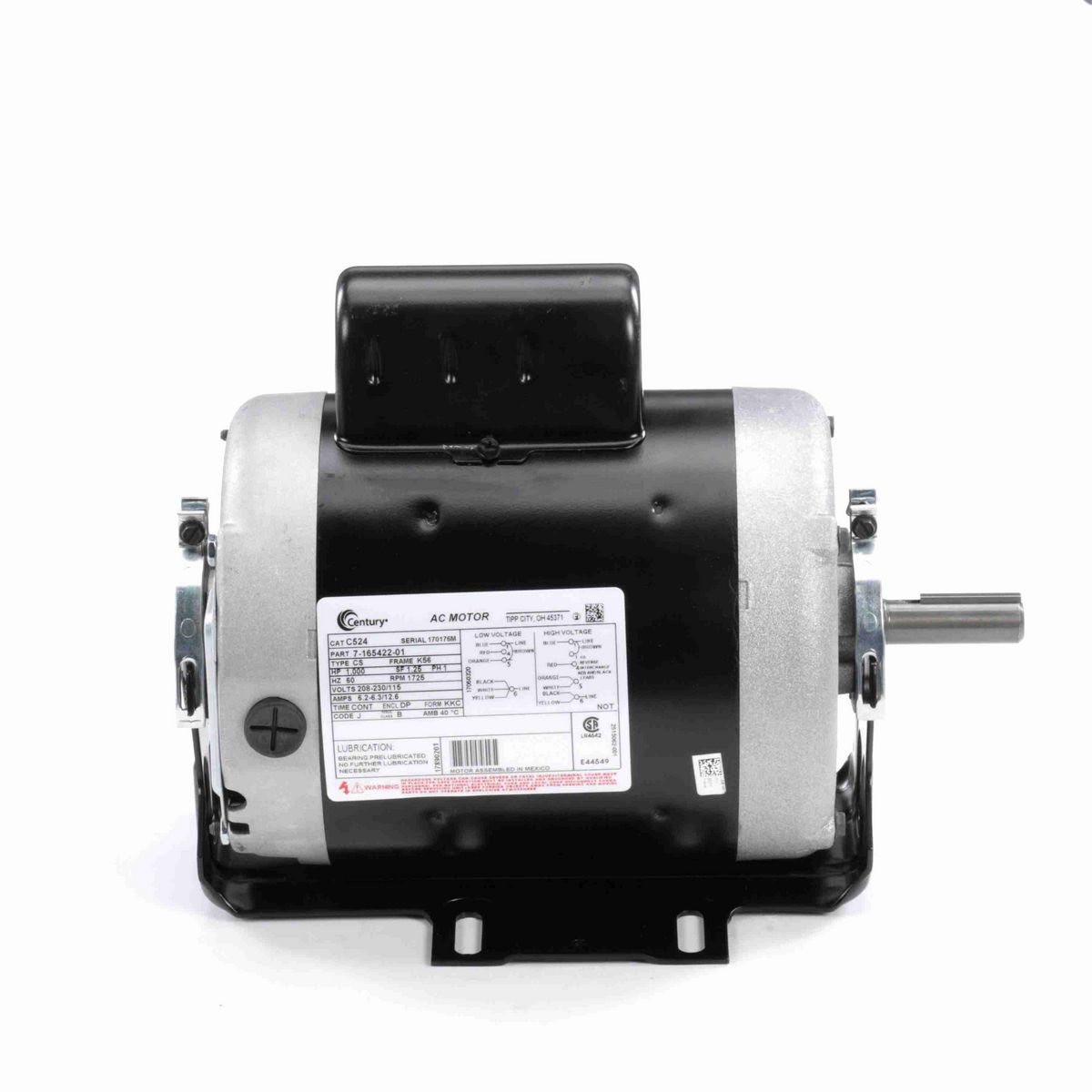 Century Fan and Blower Motor, 1.000 HP, 1 Ph, 60 Hz, 208-230/115 V, 1800 RPM, K56 Frame, DP - C524