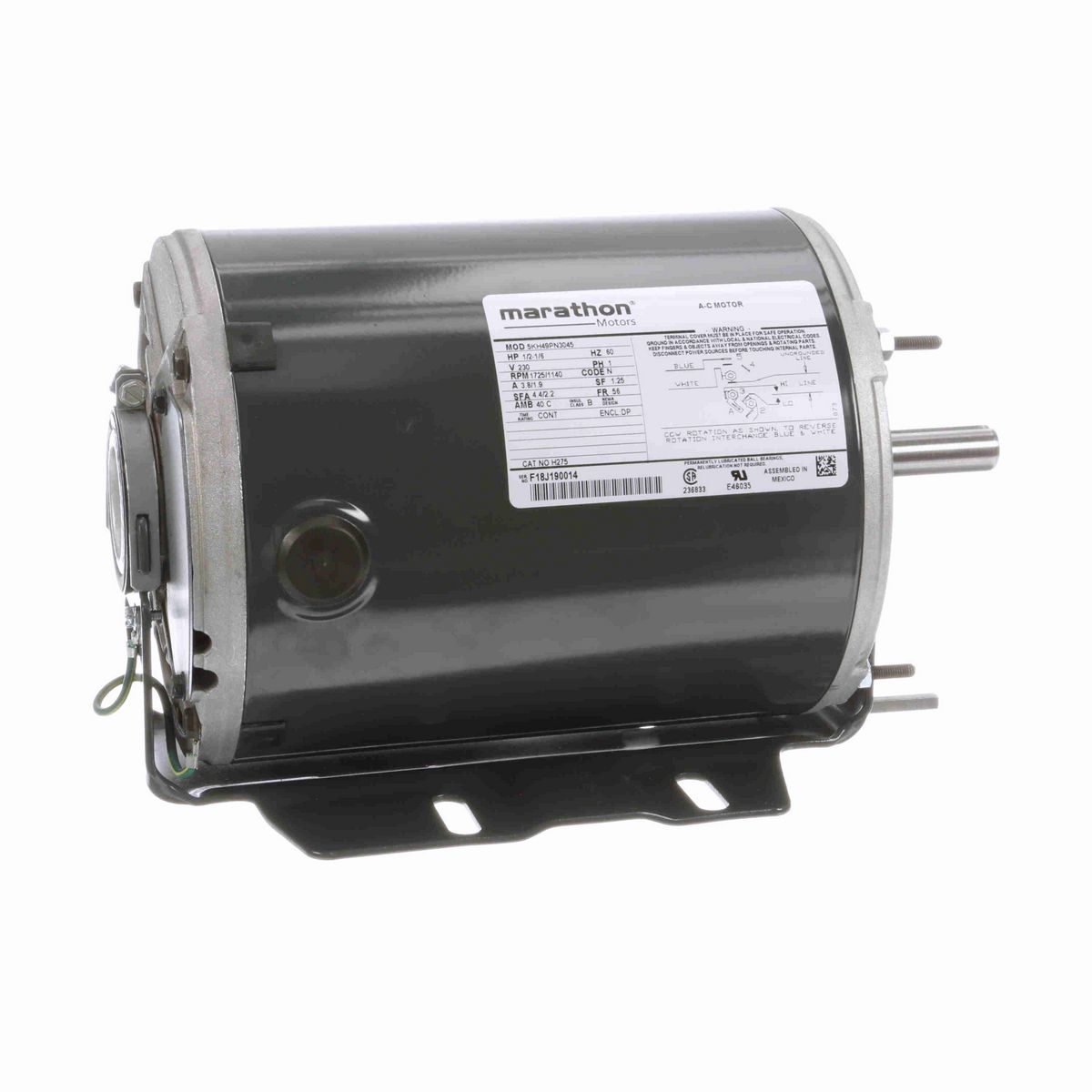LEESON Fan and Blower Motor, 1/2-1/6 HP, 1 Ph, 60 Hz, 230 V, 1800 RPM, 56 Frame, DP - H275