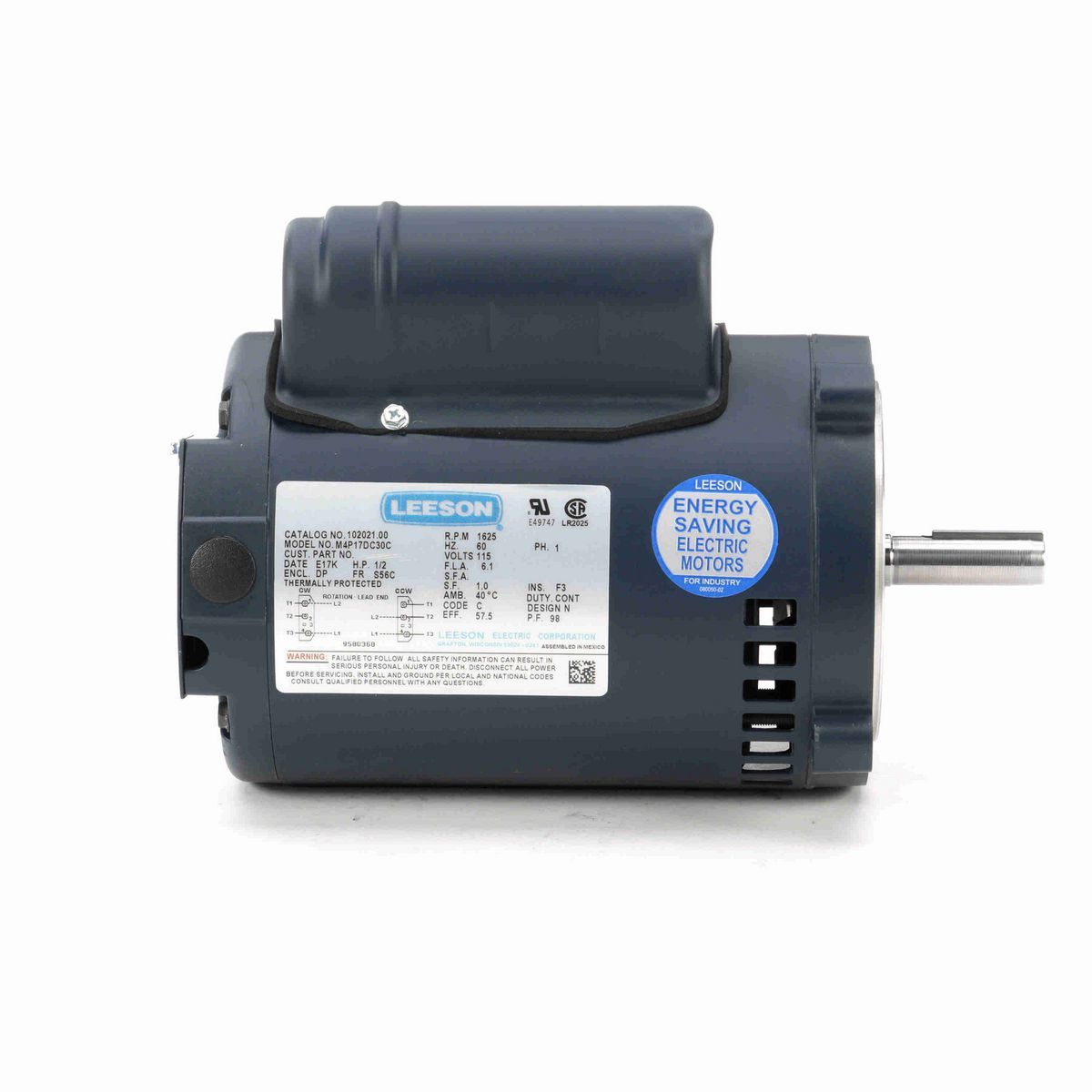 LEESON Instant Reversing Motor, 0.50 HP, 1 Ph, 60 Hz, 115 V, 1800 RPM, S56C Frame, DP - 102021.00