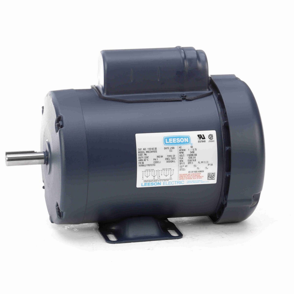 LEESON General Purpose Motor, 1 HP, 1 Ph, 60 Hz, 115/230 V, 3600 RPM, 56 Frame, TEFC - 110142.00