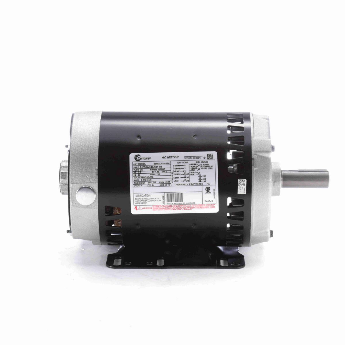 Century General Purpose Motor, 1.5 HP, 3 Ph, 60 Hz, 460/200-230 V, 1800 RPM, U56HZ Frame, DP - H885L
