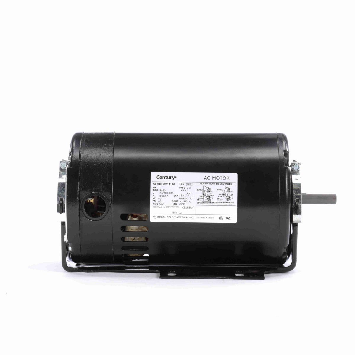 Century Fan and Blower Motor, 1 HP, 1 Ph, 60 Hz, 115/208-230 V, 3600 RPM, 48 Frame, ODP - BF1102
