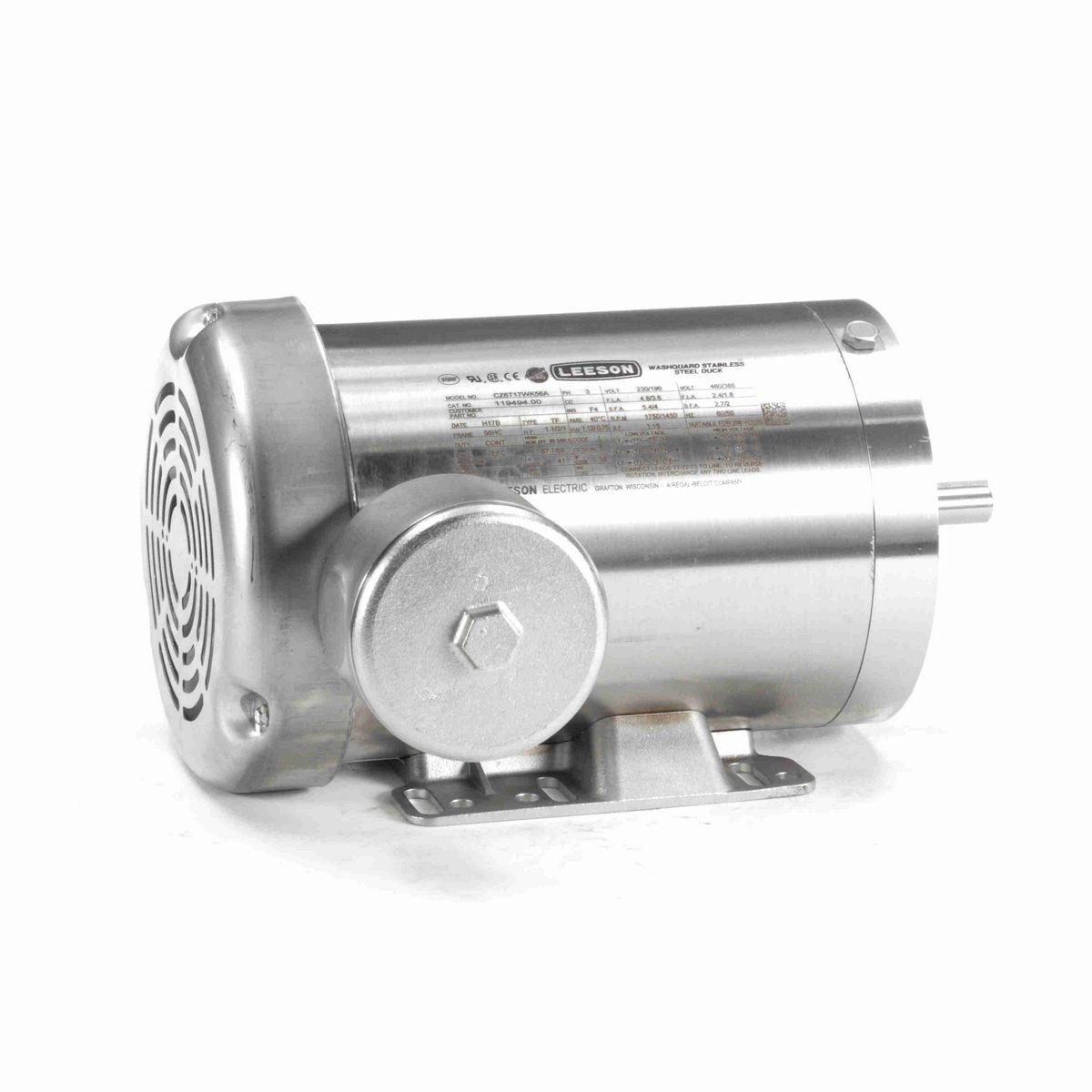 LEESON Premium Duck™ General Purpose Motor, 1.50 & 1 HP, 3 Ph, 60 & 50 Hz, 230/460 & 190/380 V, 1800 & 1500 RPM, 56HC Frame, TEFC - 119494.00